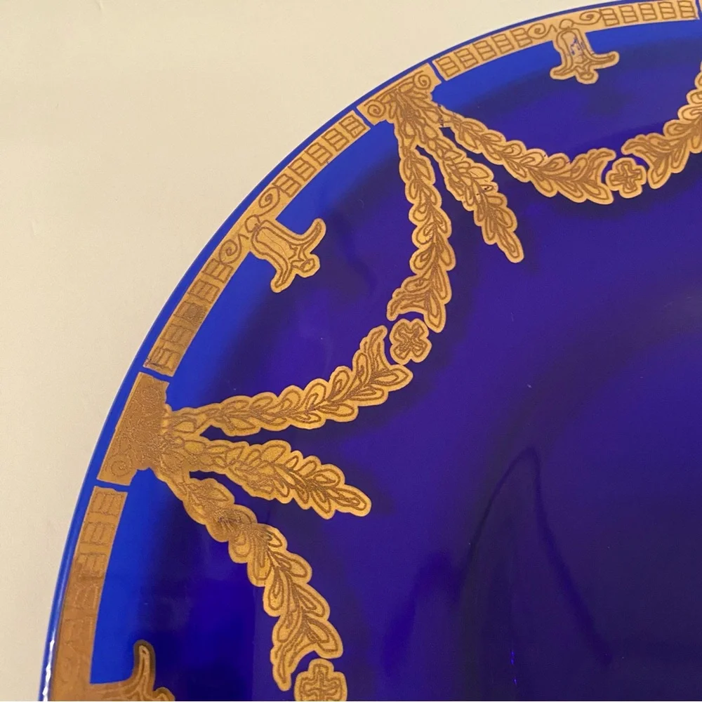 PLATE CHARGER PLATTER VINTAGE BLUE GLASS GOLD LEAF HOME DINING DINNER SERVEWARE